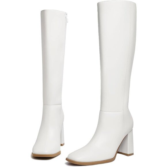 Women's Faux Leather White Square Toe Side Zipper Chunky Heel Knee High Boots - Picture 5 of 6